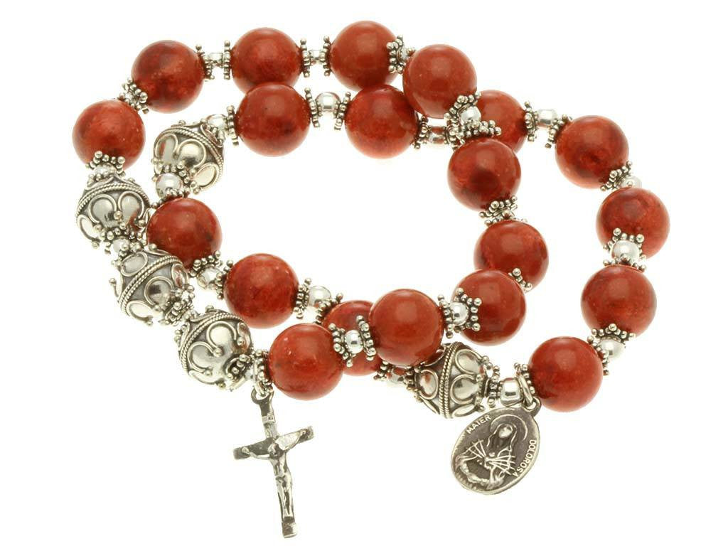 Sterling Silver Double Elastic Rosary Bracelet, Red Sponge Coral 10mm