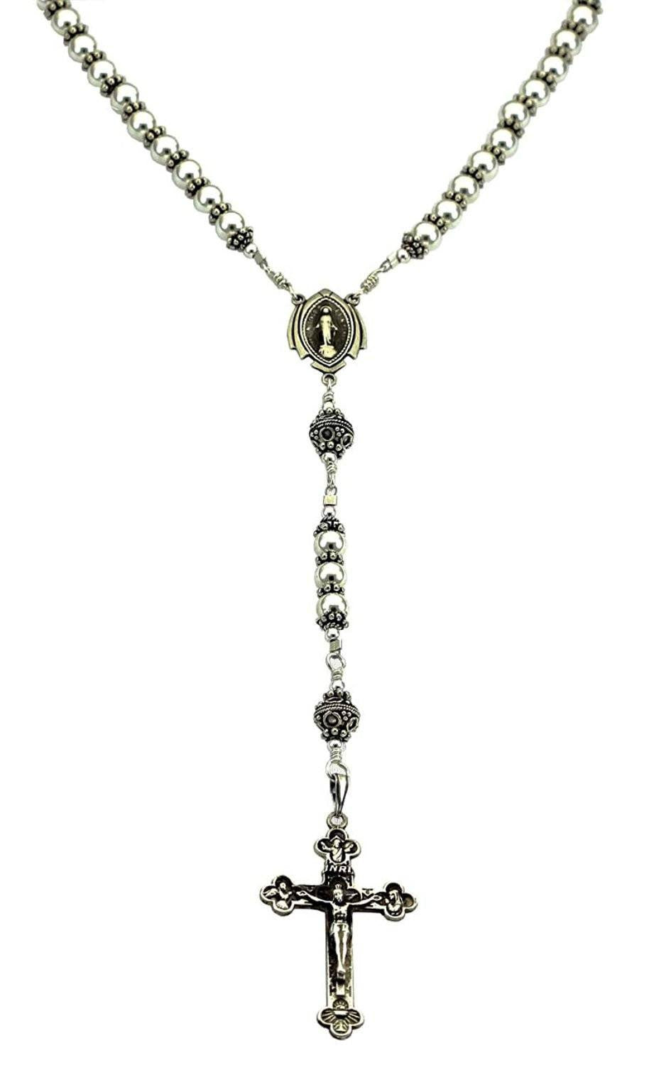 Sterling Silver Rosary Necklace 6mm beads, Crucifix & Miraculous Medal