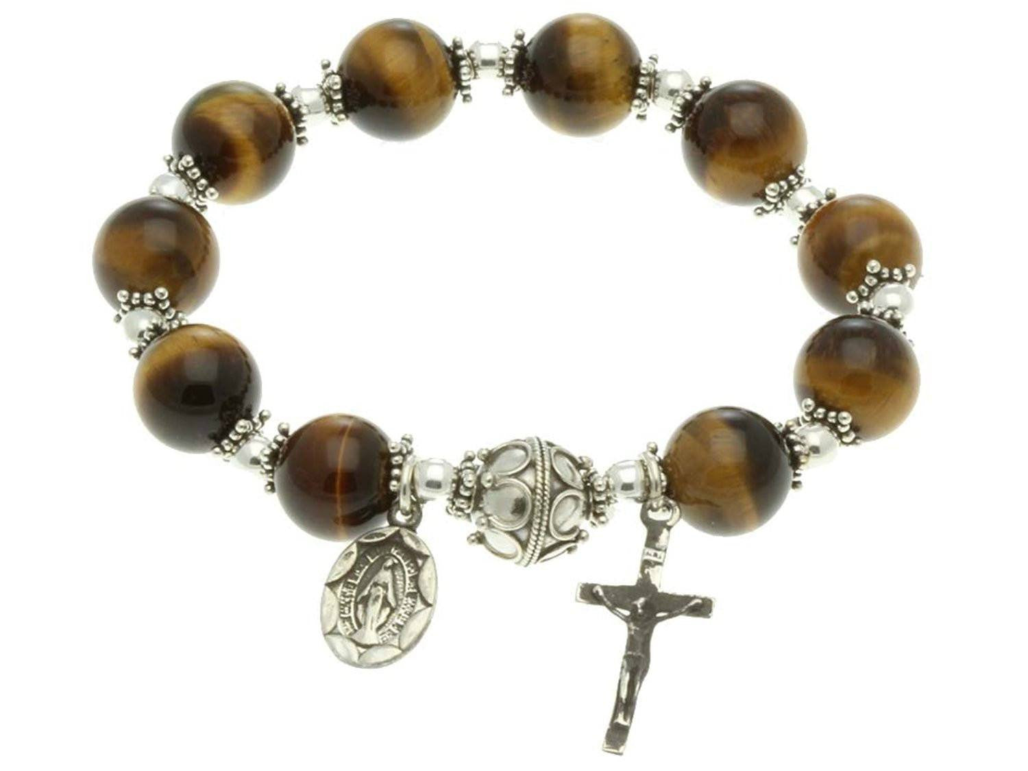 Sterling Silver Elastic Rosary Bracelet, Tiger Eyes 10mm