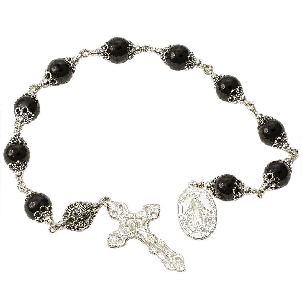 Sterling Silver Single Decade Rosary, 12mm Onyx, Crucifix, Miraculous 