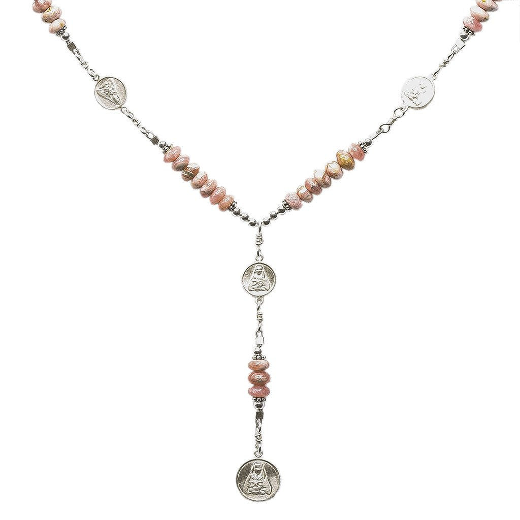 Sterling Silver 7 Sorrows Rosary Medal Set 6mm Rhodochrosite Necklace
