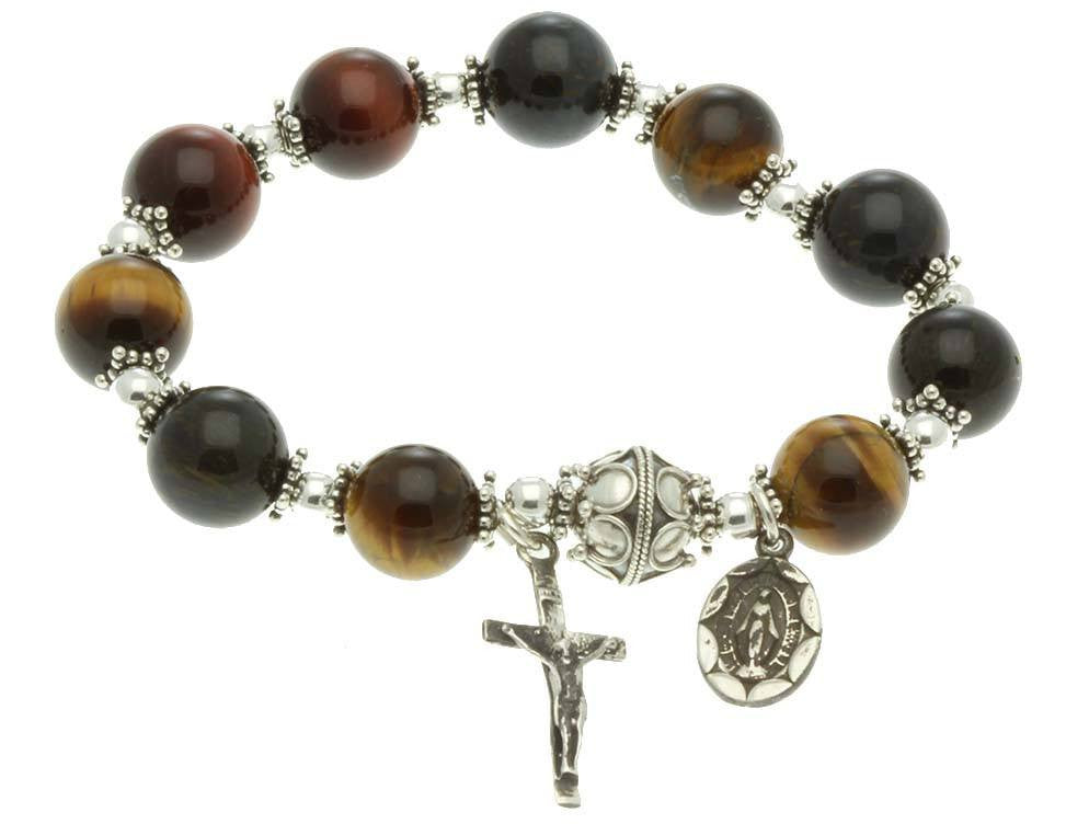 Sterling Silver Rosary Bracelet, Multi-color Tiger Eyes 10mm Elastic Bracelet