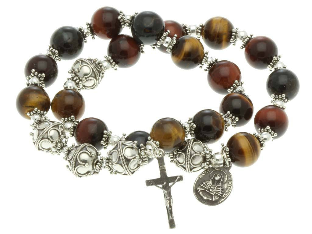 Sterling Silver Double Elastic Rosary Bracelet, Multi-Color Tiger Eyes