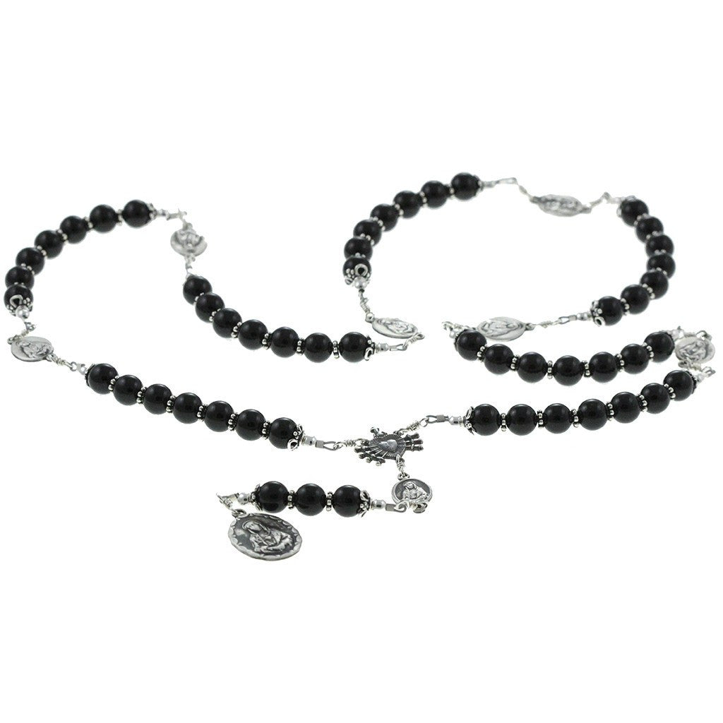 Sterling Silver 7 Sorrows Rosary Onyx 8mm Large 7 Sorrows Medal Set