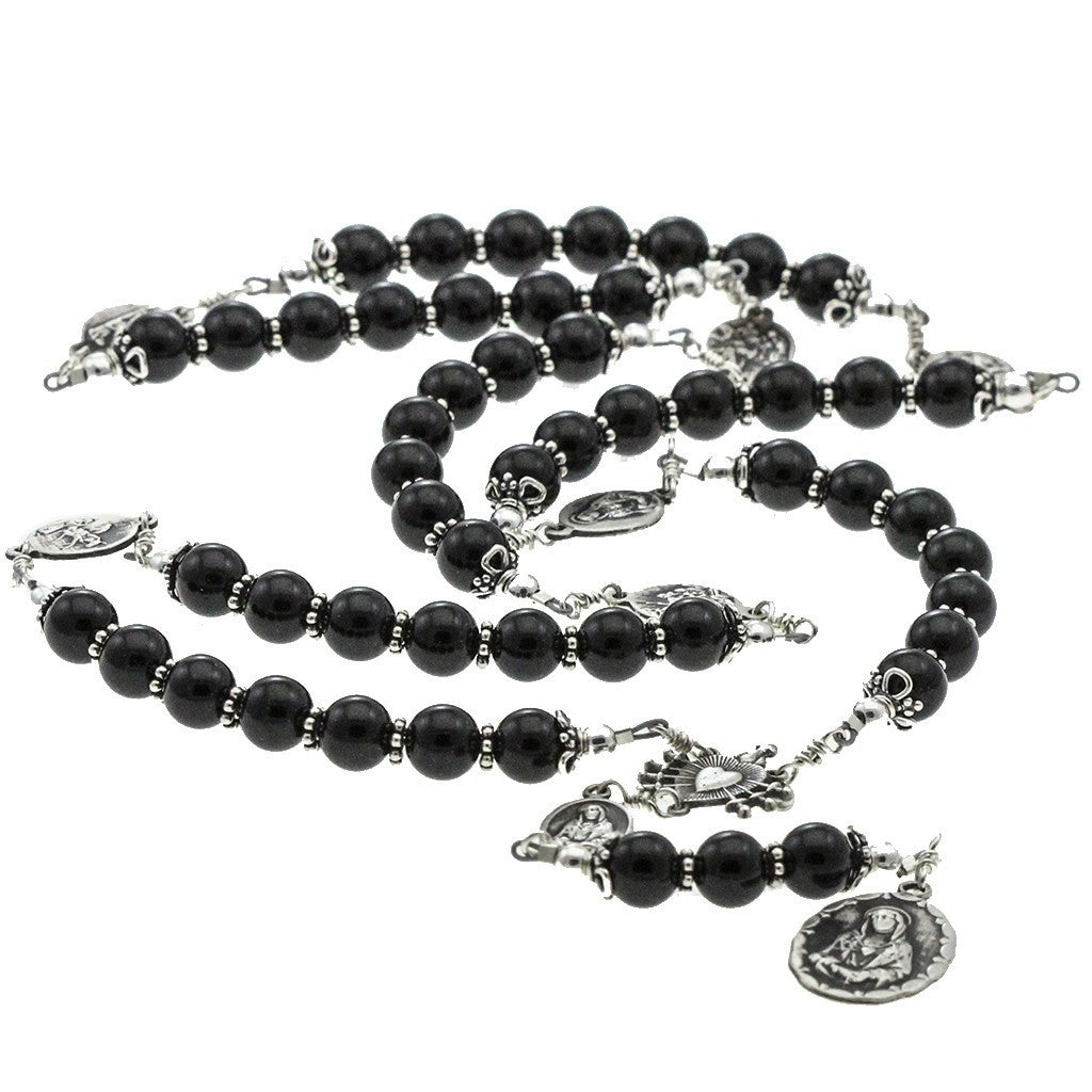 Sterling Silver 7 Sorrows Rosary Onyx 8mm Large 7 Sorrows Medal Set