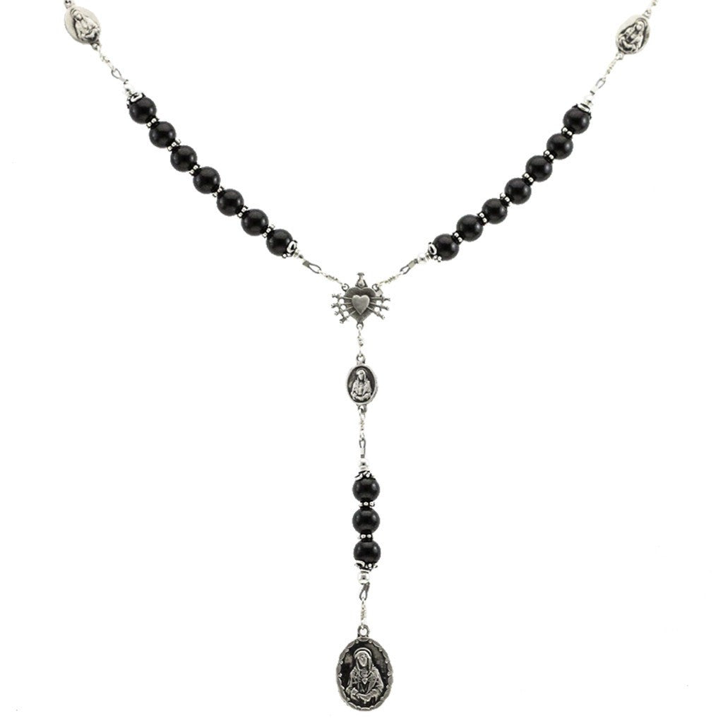 Sterling Silver 7 Sorrows Rosary Onyx 8mm Large 7 Sorrows Medal
