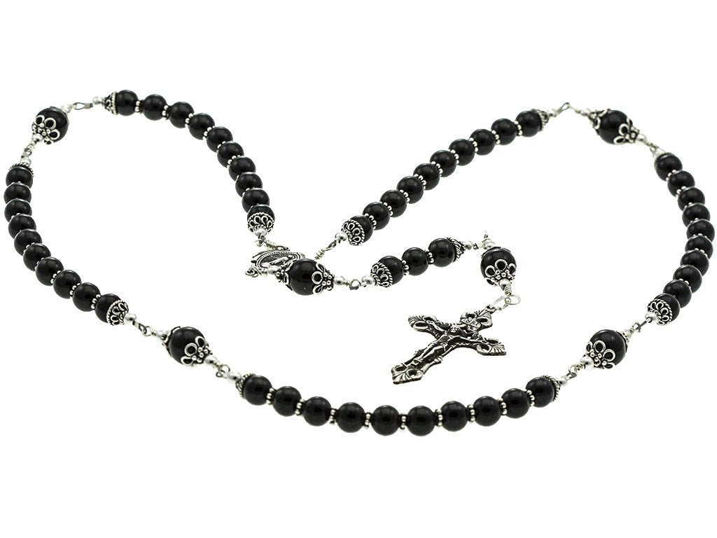 Sterling Silver Rosary Necklace Onyx with Crucifix &amp; Miraculous Medal