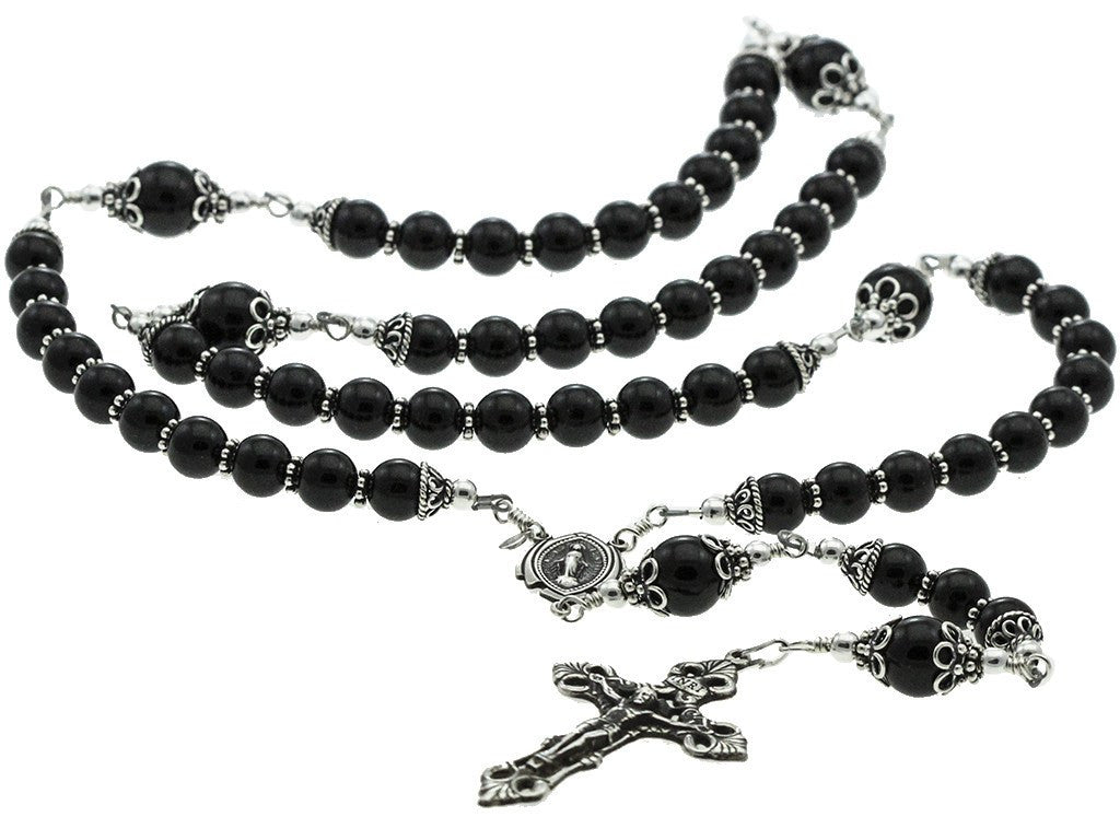Black Coral Prayer Bead Rosary Rhodium Silver Pave Diamond Lock Necklace —  KAR-BN