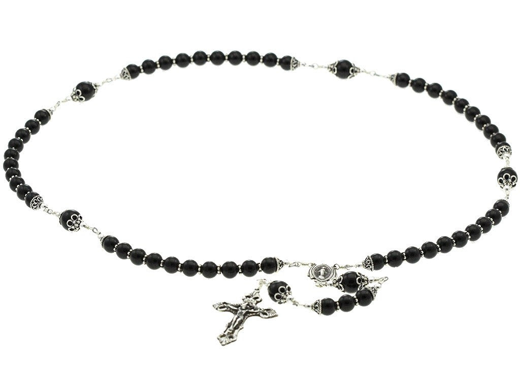 Sterling Silver Rosary Necklace Onyx with Crucifix &amp; Miraculous Medal