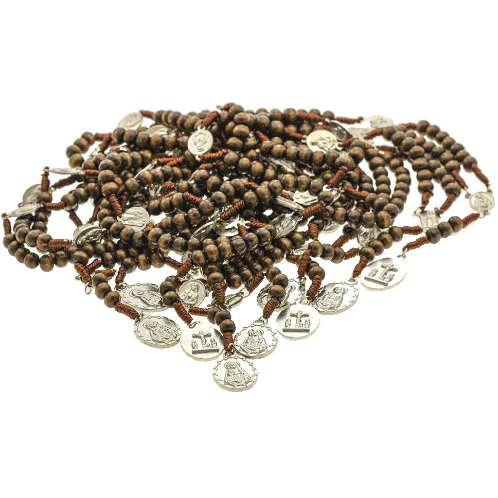 10 Brown Cord Brown Wood Beads Chrome Medals 7 Sorrows Rosaries