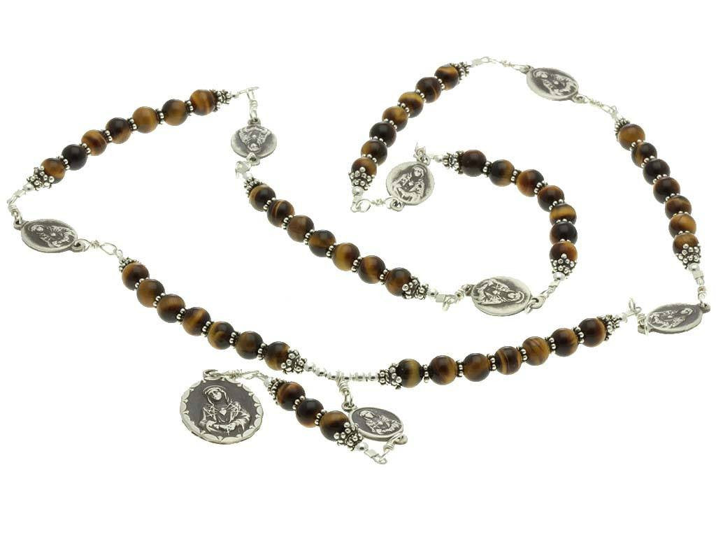 Sterling Silver 7 Sorrows Rosary Necklace Tiger Eyes 7 Sorrows Medals
