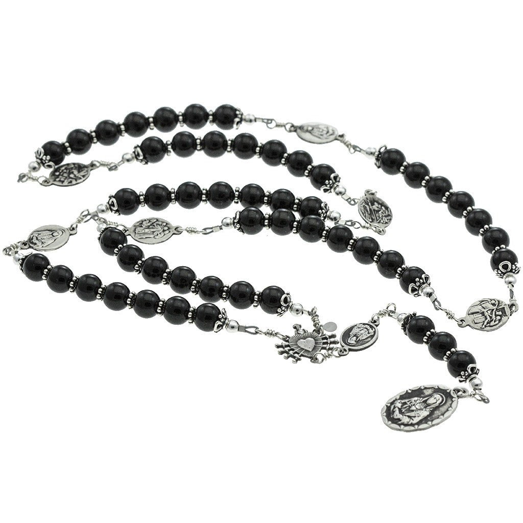 Sterling Silver 7 Sorrows Rosary Onyx 8mm Large 7 Sorrows Medal Set