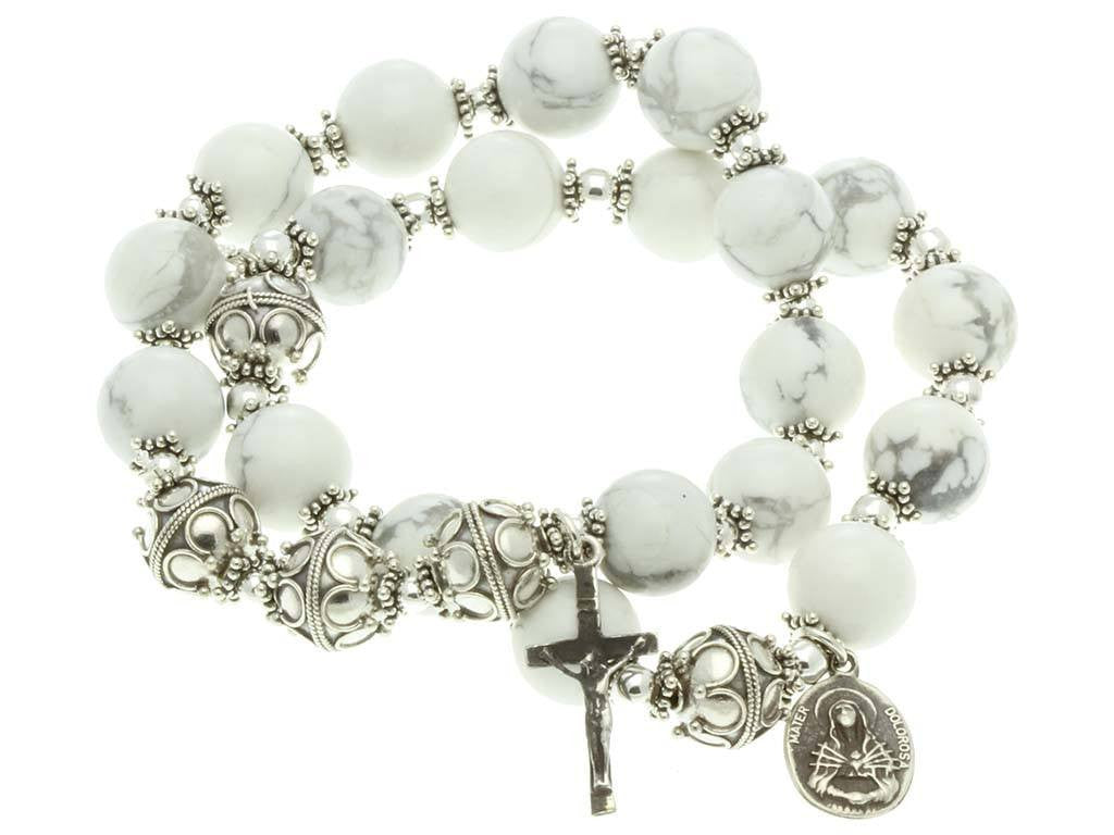 Sterling Silver Double Elastic Rosary Bracelet, Howlite 10mm Beads