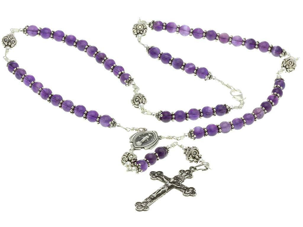 Sterling Silver Rosary Necklace Amethyst Crucifix Miraculous Medal