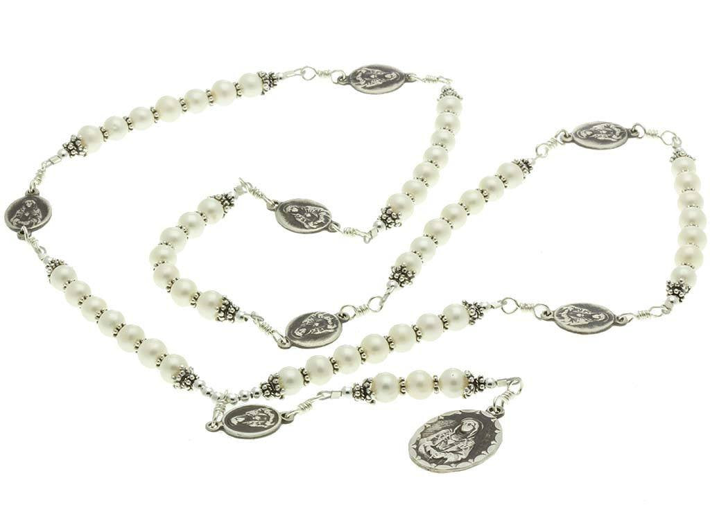 Sterling Silver 7 Sorrows Rosary Necklace Pearls with 7 Sorrows Medals