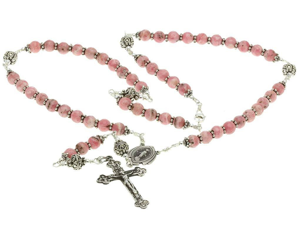 Sterling Silver Rosary Necklace, Rhodochrosite, Crucifix Miraculous Medal