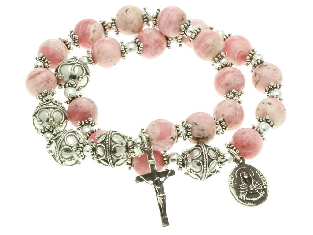 Sterling Silver Double Elastic Rosary Bracelet Rhodochrosite 10mm Bead
