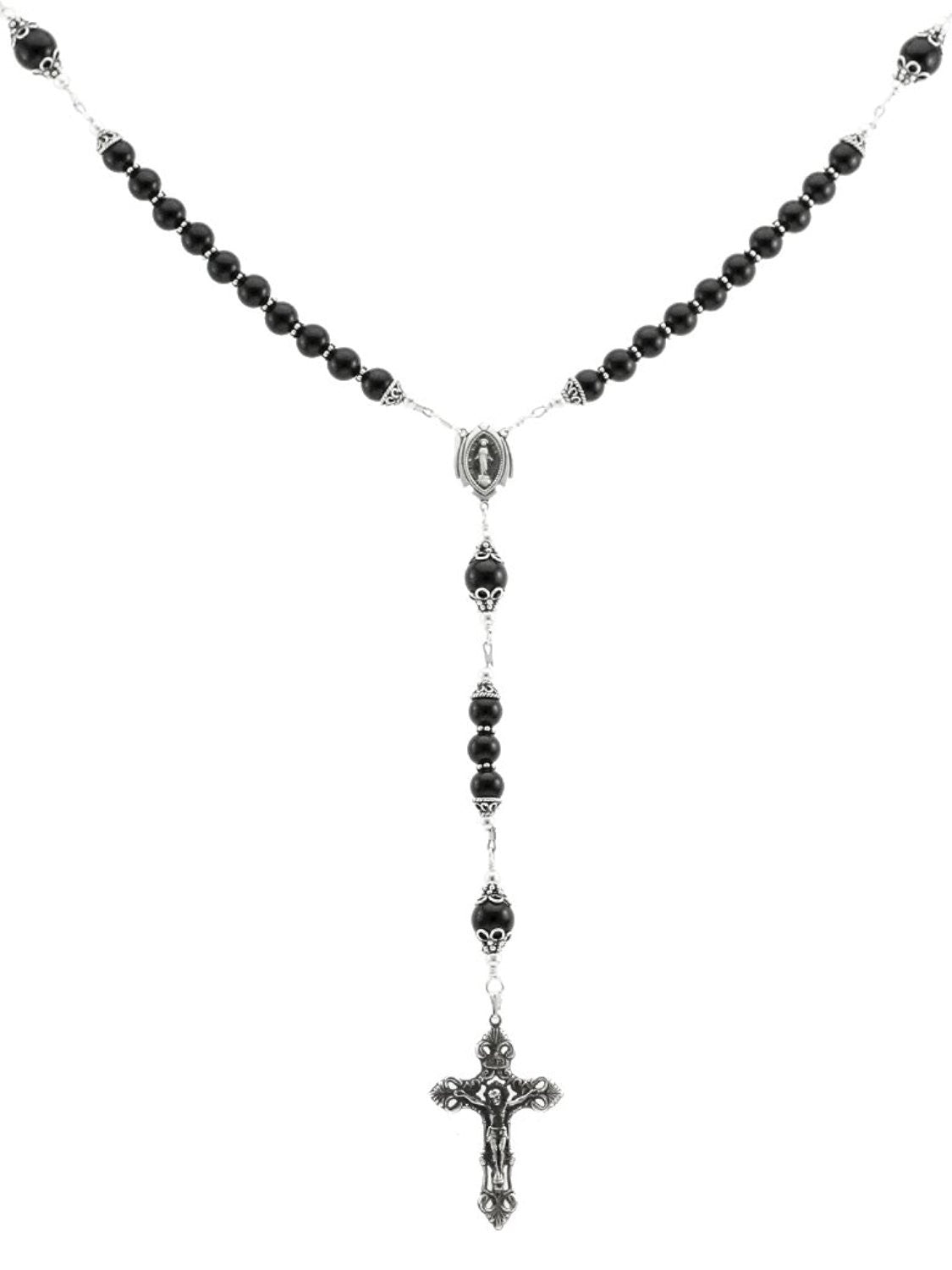 Sterling Silver Rosary Necklace Onyx with Crucifix & Miraculous Medal