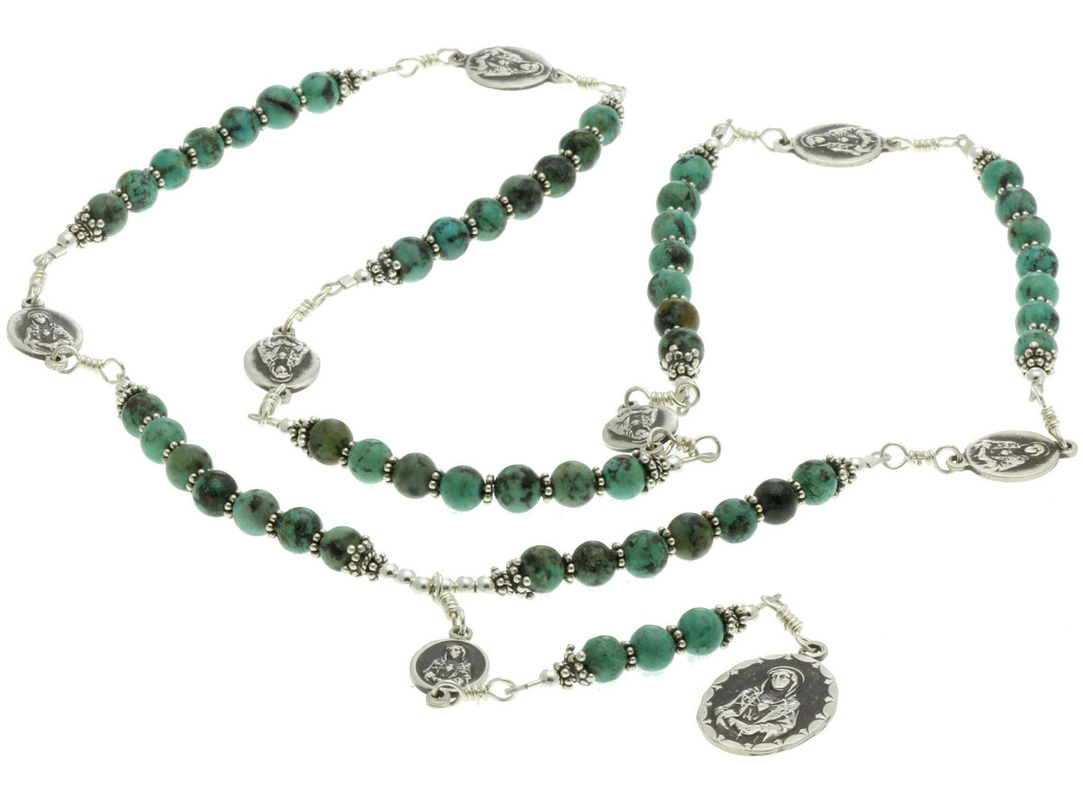 Sterling Silver 7 Sorrows Rosary Necklace Turquoise 7 Sorrows Medal set