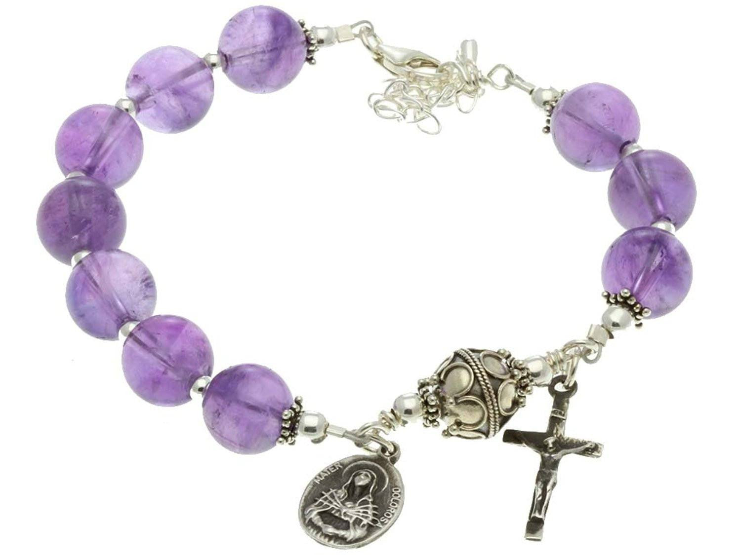 Sterling Silver 7 Sorrows Rosary Bracelet Amethyst Crucifix & Our Lady