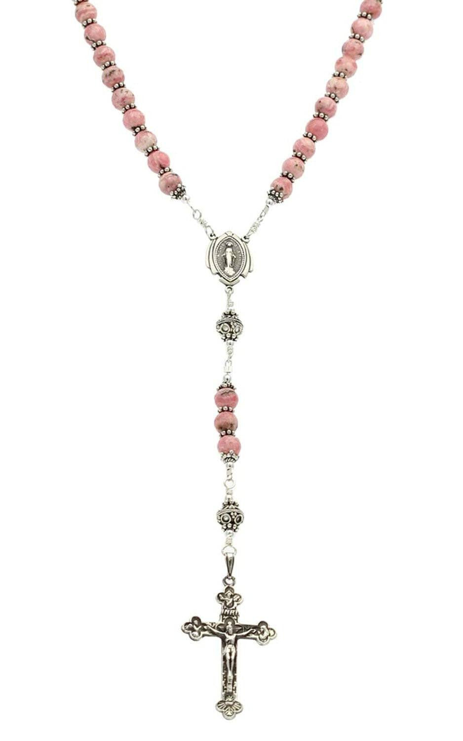 Sterling Silver Rosary Necklace, Rhodochrosite, Crucifix Miraculous Medal