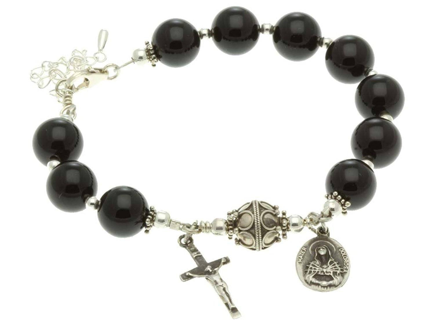 Sterling Silver 7 Sorrows Rosary Bracelet Onyx 10mm Beads