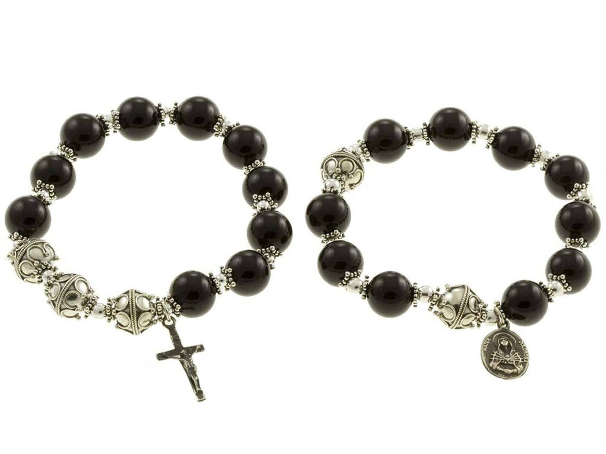 Sterling Silver Double Elastic Rosary Bracelet Black Onyx 10mm Beads