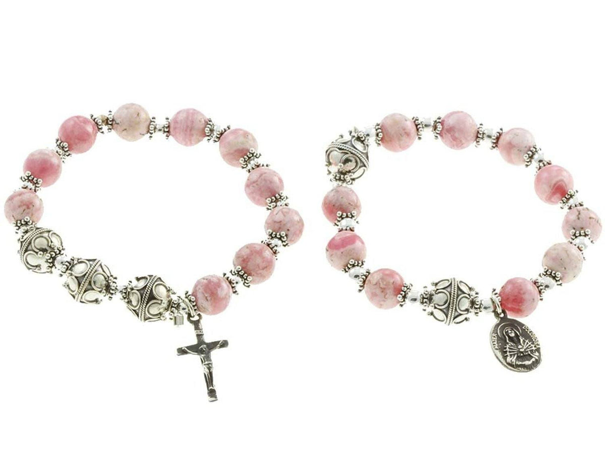 Sterling Silver Double Elastic Rosary Bracelet Rhodochrosite 10mm Bead