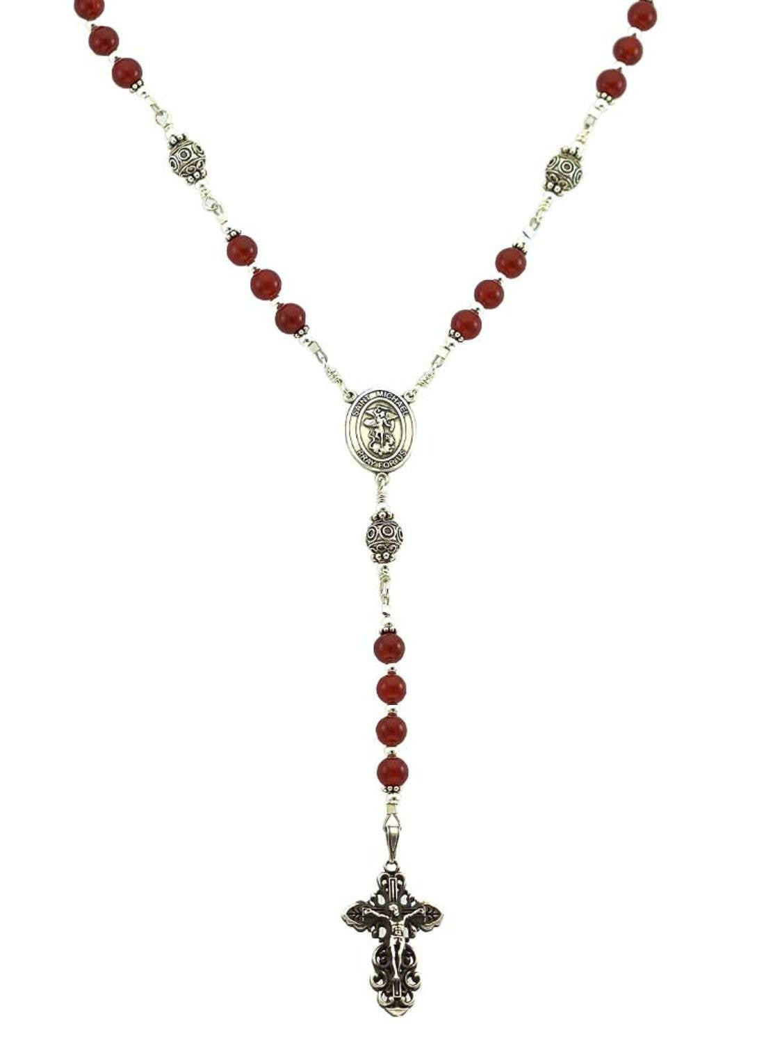 Sterling Silver St. Michael Rosary Necklace Carnelian 6mm Prayer Beads
