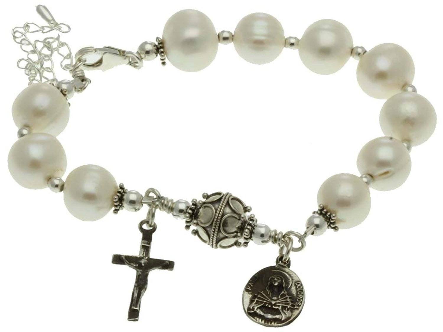 Sterling Silver 7 Sorrows Rosary Bracelet Pearl Crucifix & Our Lady of Sorrows