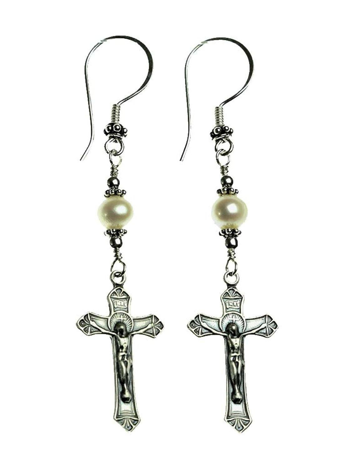 Handmade Sterling Silver Crucifix Earrings Freshwater Cultured Pearl
