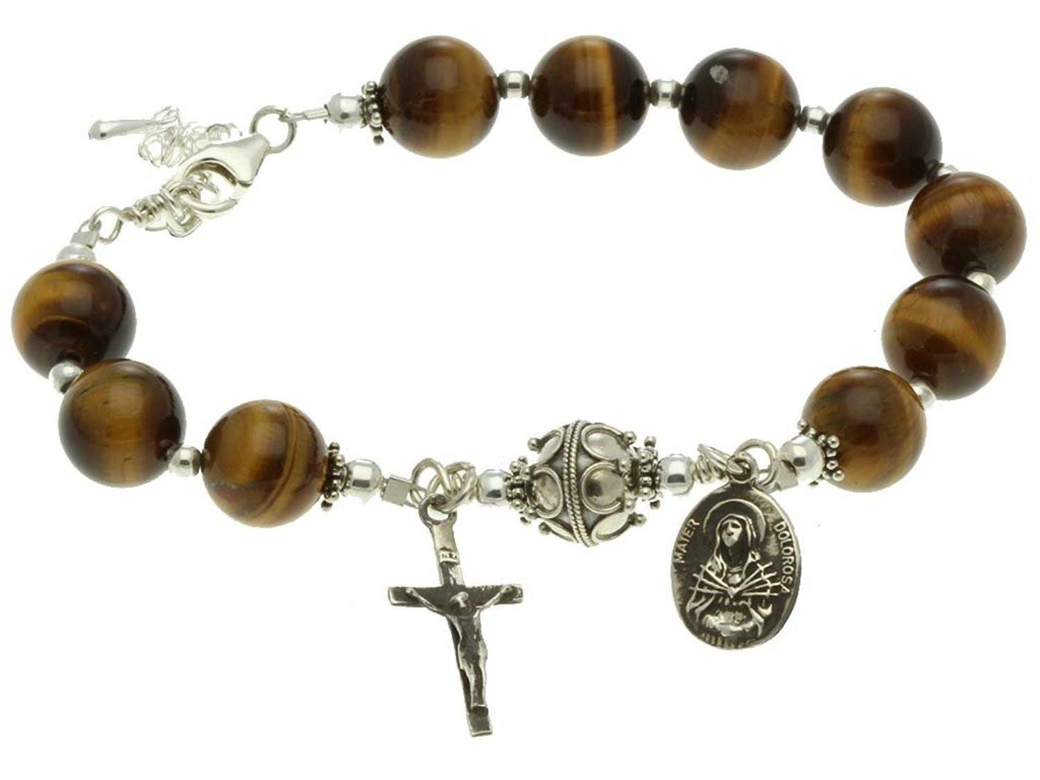 Sterling Silver 7 Sorrows Rosary Bracelet, Tiger Eyes 10mm, Crucifix