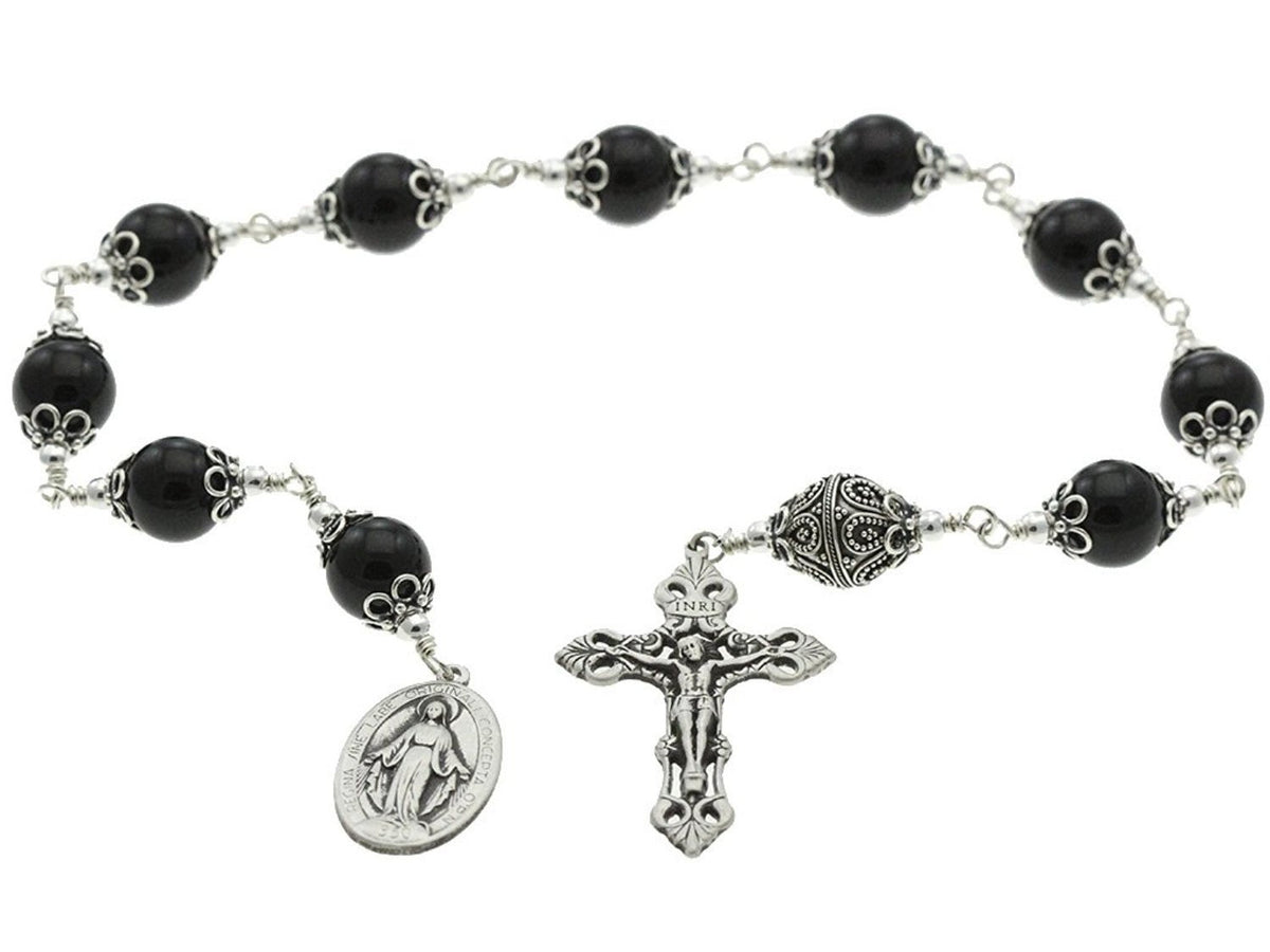 Sterling Silver Single Decade Rosary, 12mm Onyx, Crucifix, Miraculous 