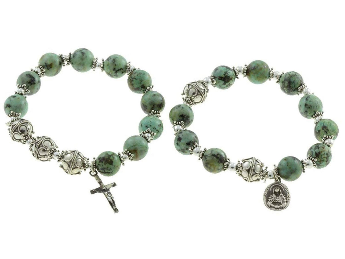 Sterling Silver Double Elastic Rosary Bracelet, Turquoise Gem Beads