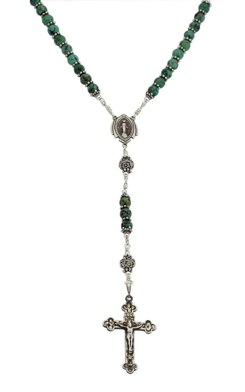 Sterling Silver Rosary Necklace Turquoise 6mm Crucifix, Miraculous Medal