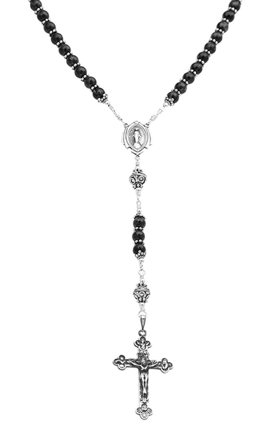 Sterling Silver Rosary Necklace Onyx Beads Crucifix Miraculous Medal