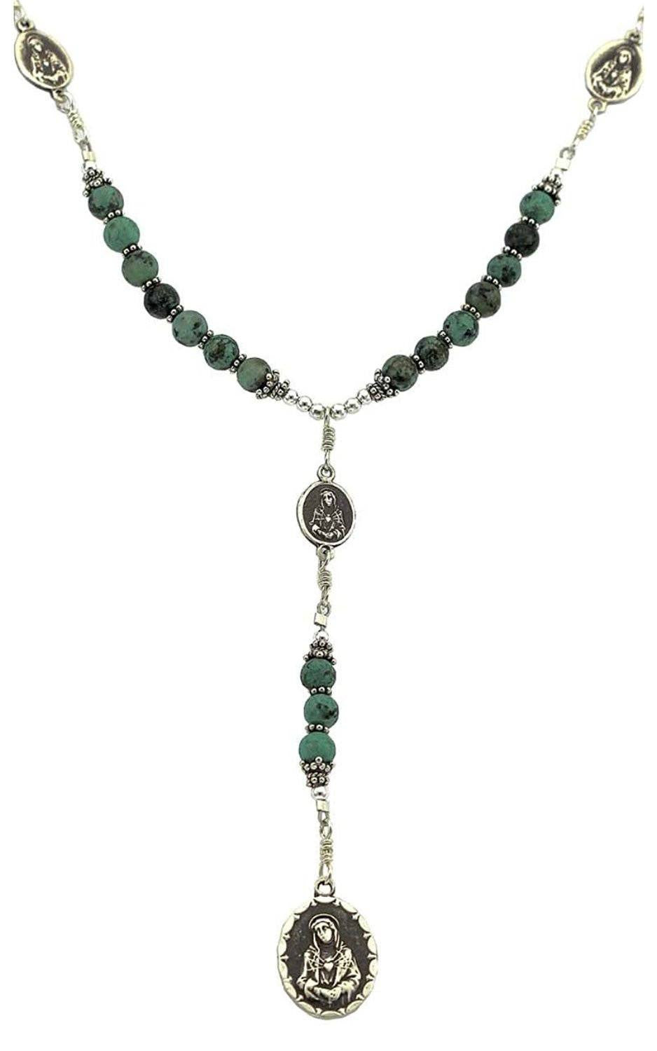 Sterling Silver 7 Sorrows Rosary Necklace Turquoise 7 Sorrows Medal set