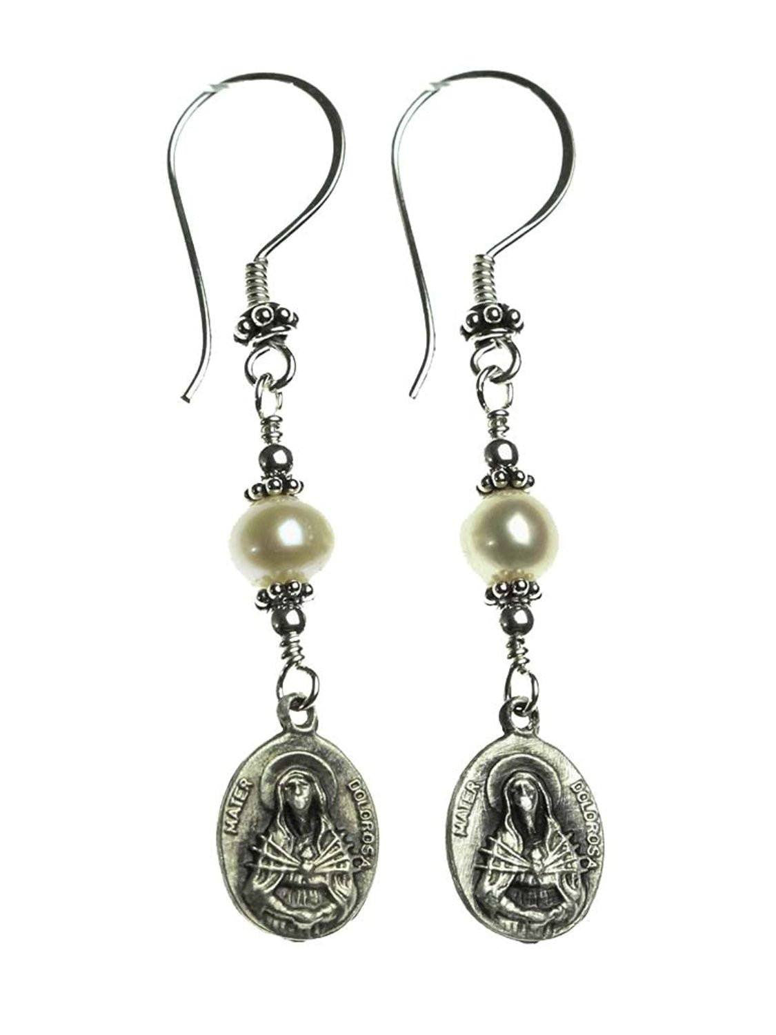 Handmade Sterling Silver Pearls &amp; Our Lady of Sorrows Medal Earrings
