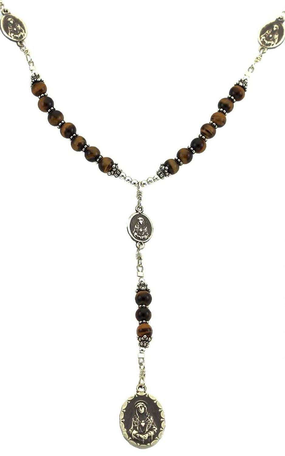 Sterling Silver 7 Sorrows Rosary Necklace Tiger Eyes 7 Sorrows Medals