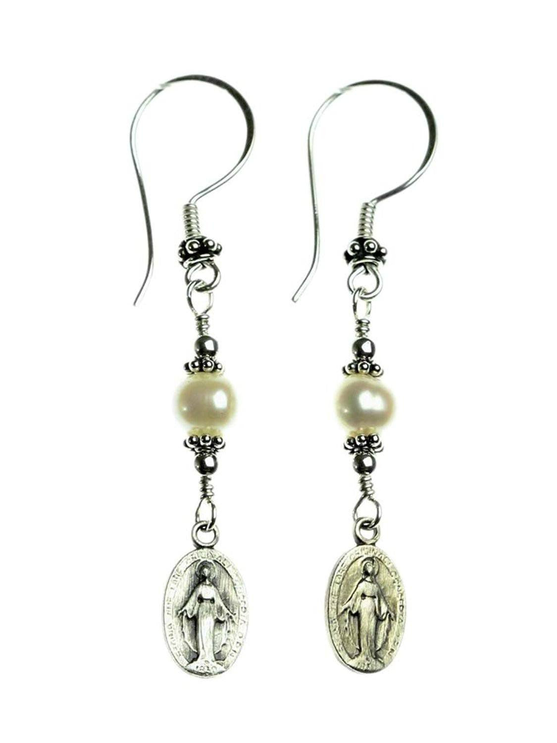 Handmade Sterling Silver Earrings with Pearls and Miraculous Medals