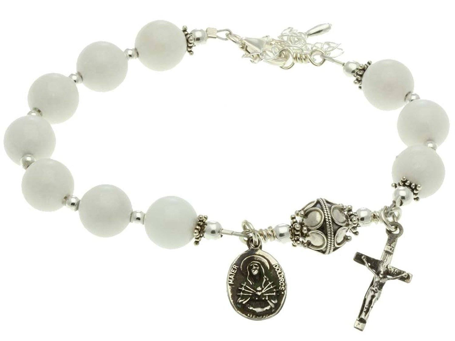 Sterling Silver 7 Sorrows Rosary Bracelet, White Jade 10mm, Crucifix
