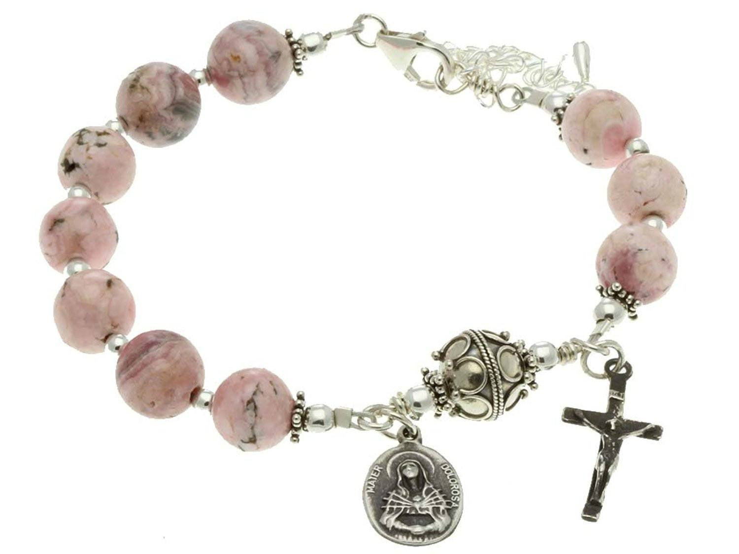 Sterling Silver 7 Sorrows Rosary Bracelet, Rhodochrosite 10mm