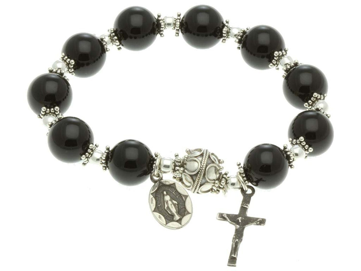 Sterling Silver Elastic Rosary Bracelet with Black Onyx 10mm
