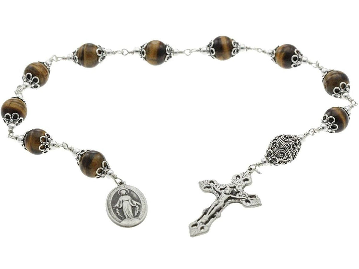 Sterling Silver Single Decade Rosary, 12mm Tiger Eyes