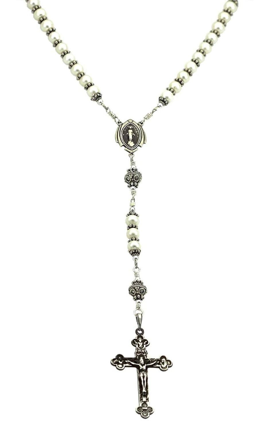 Sterling Silver Rosary Necklace Pearl Crucifix and Miraculous Medal