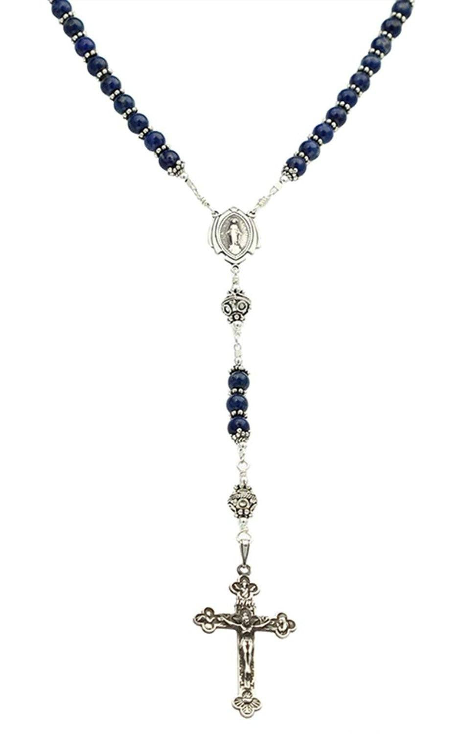 Sterling Silver Rosary Necklace, Lapis Lazuli, Crucifix Miraculous Medal