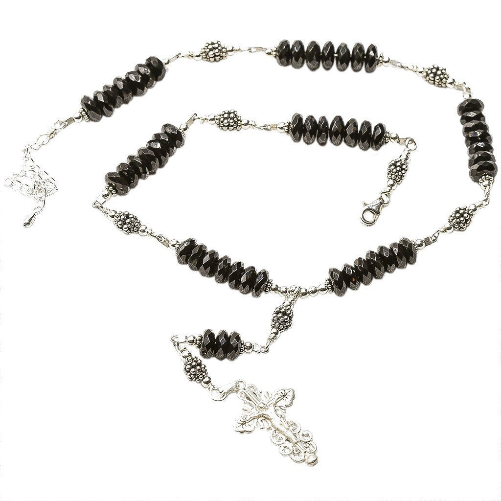 Sterling Silver 7 Sorrows Rosary Necklace Faceted Onyx