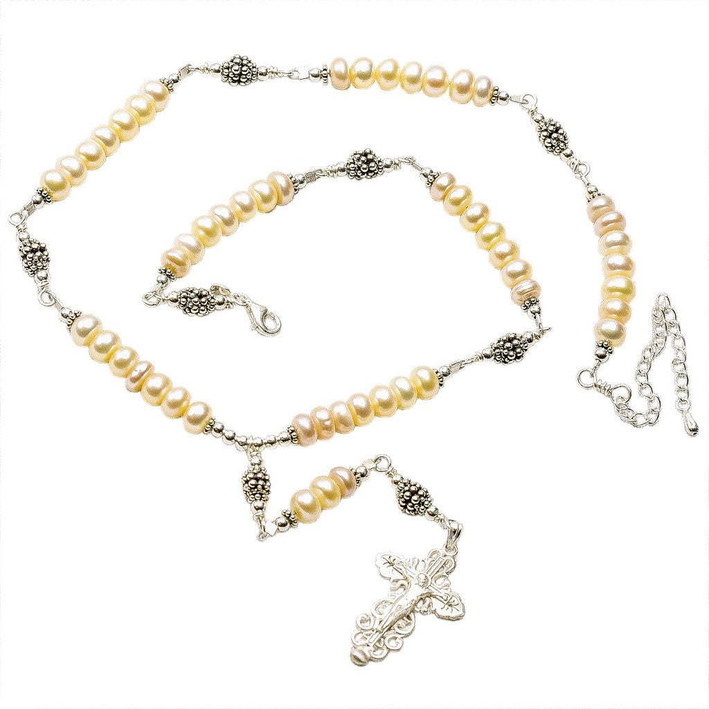 Sterling Silver 7 Sorrows Rosary Necklace Freshwater-Cultured Pearls