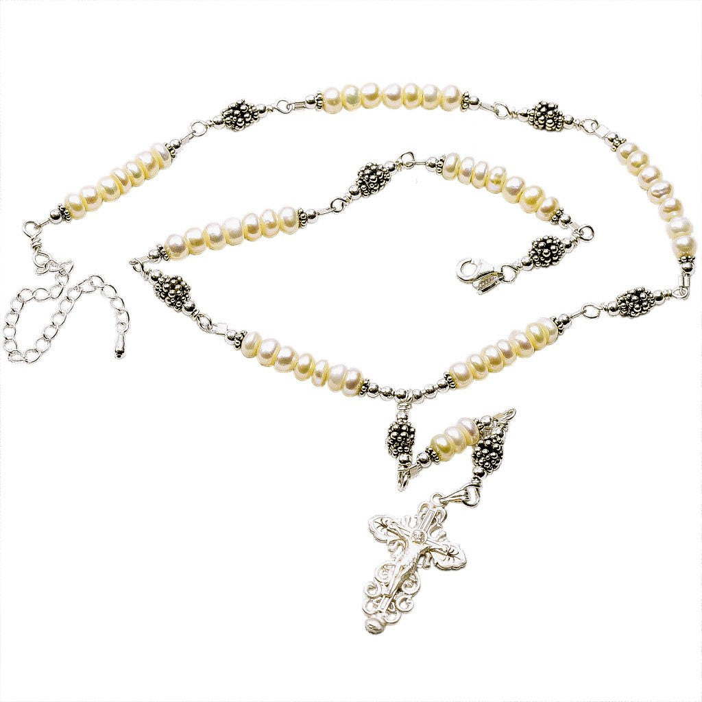 Sterling Silver 7 Sorrows Rosary Necklace Freshwater-Cultured Pearls