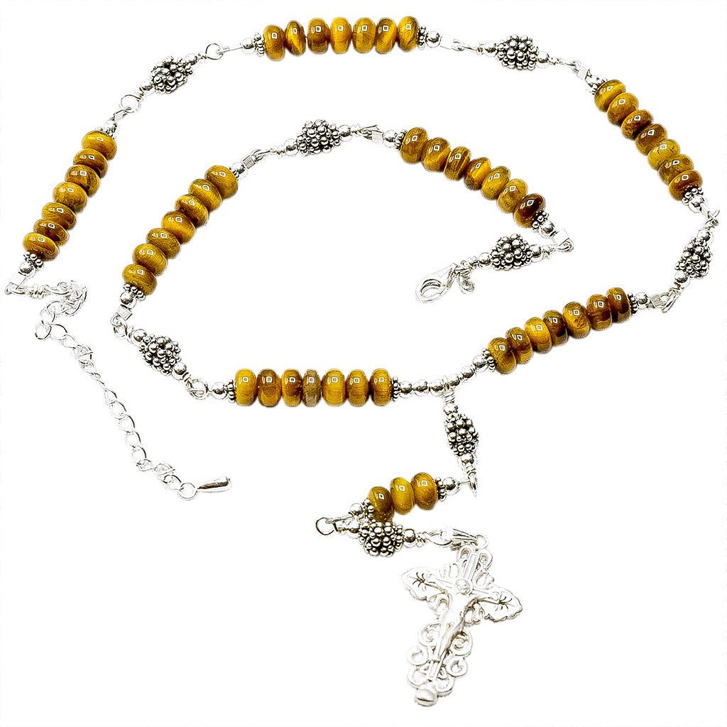 Sterling Silver 7 Sorrows Rosary Necklace Tiger Eyes